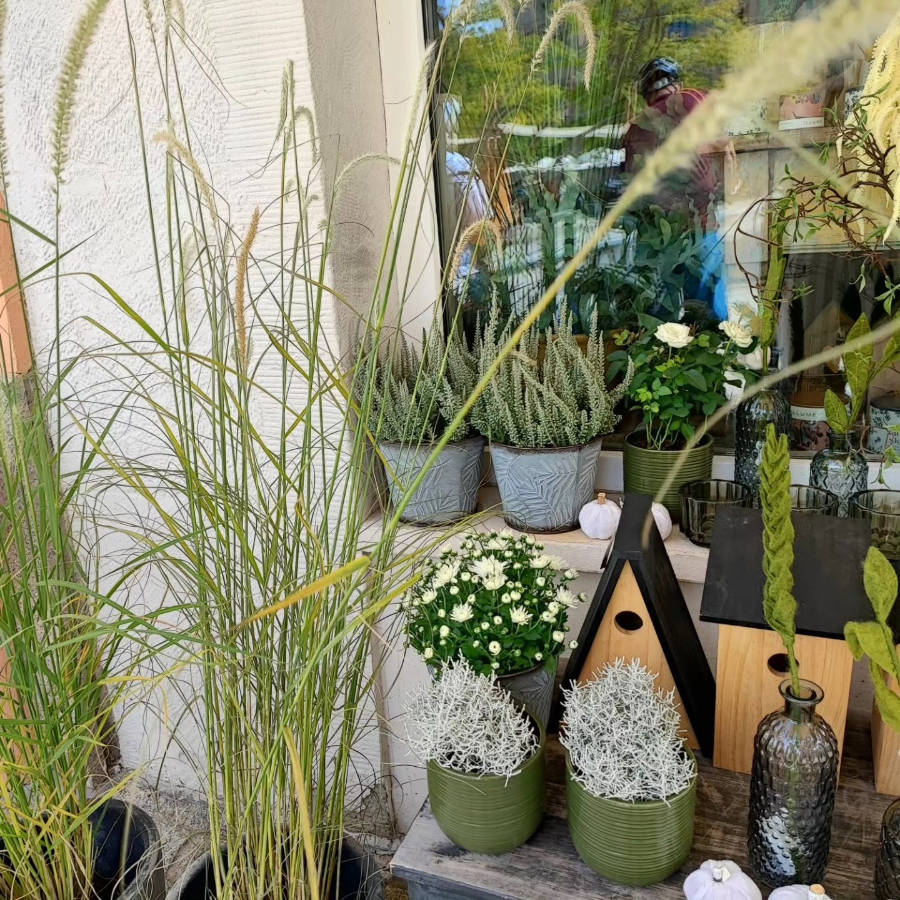 Brautstrauß mit verschiedenen getrockneten und frischen Blumen in zarten Farben vor Holztür